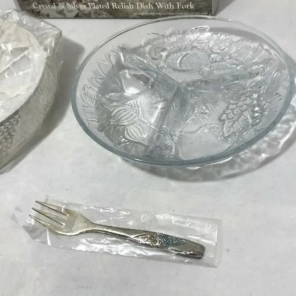 Designer Living Crystal Silver Plated Relish glass Dish party holiday New